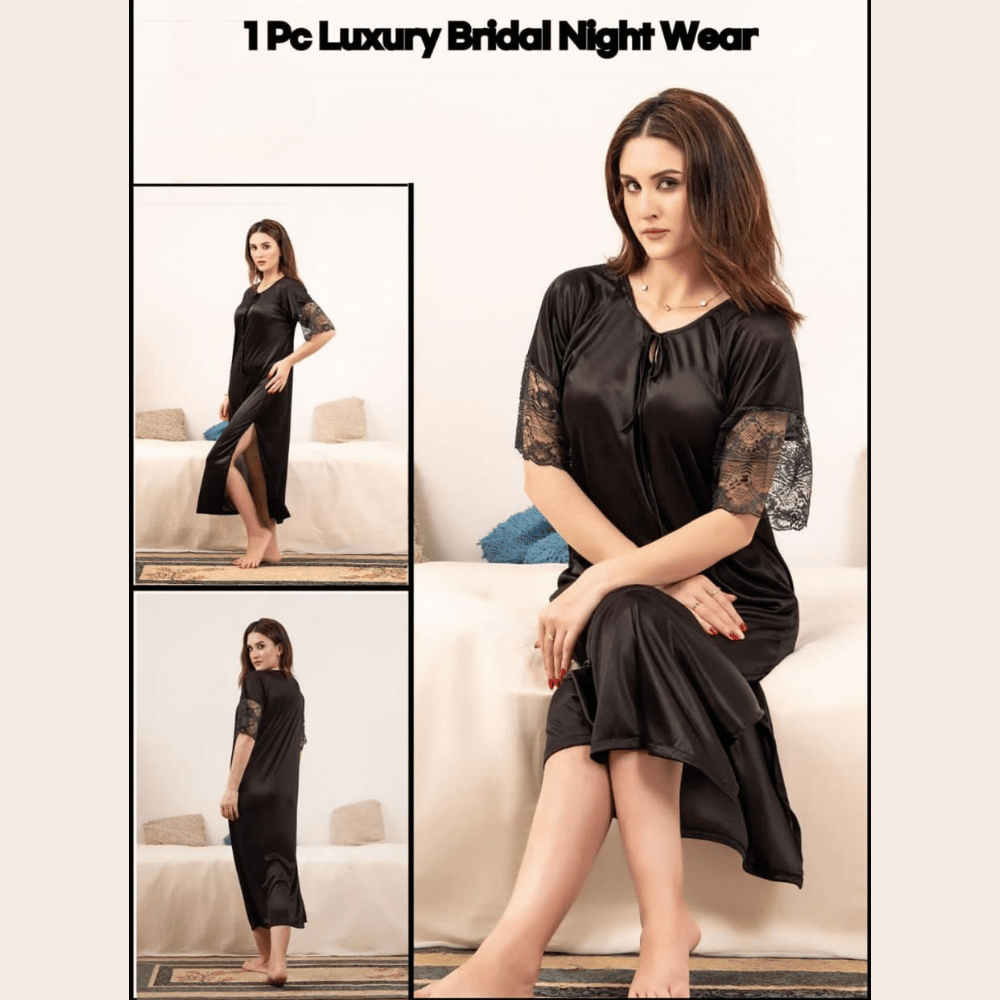 closeup-view of 1-piece luxury bridal nightwear in black color