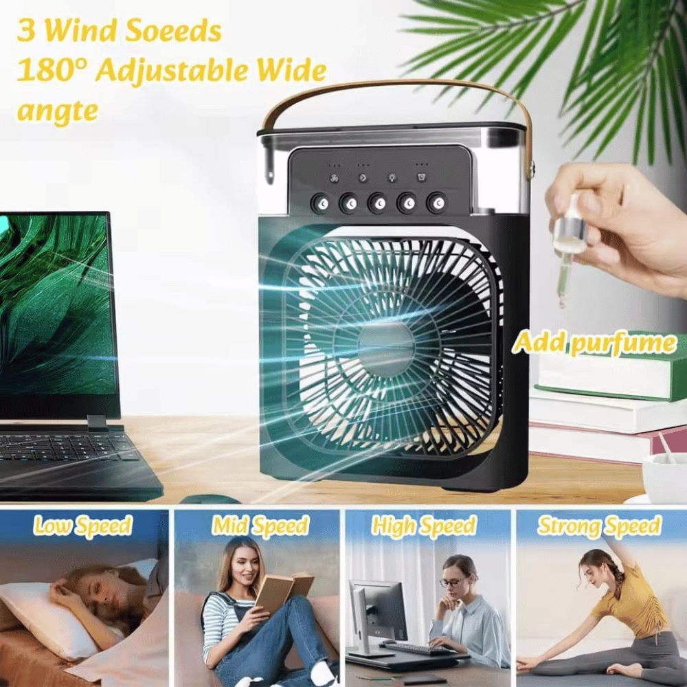 Portable fan with adjustable speeds and fragrance feature, shown in use scenarios.
