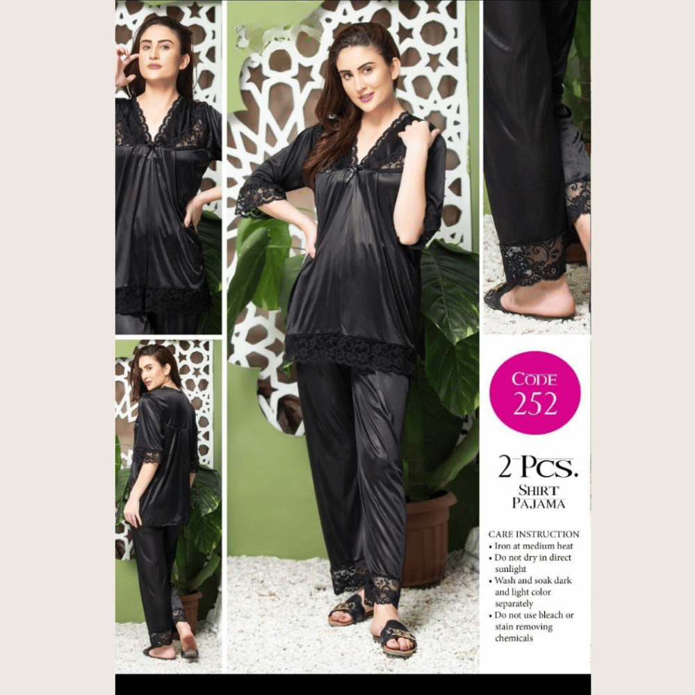 closeup view of 2 piece shirt pajama nightwear set in black color