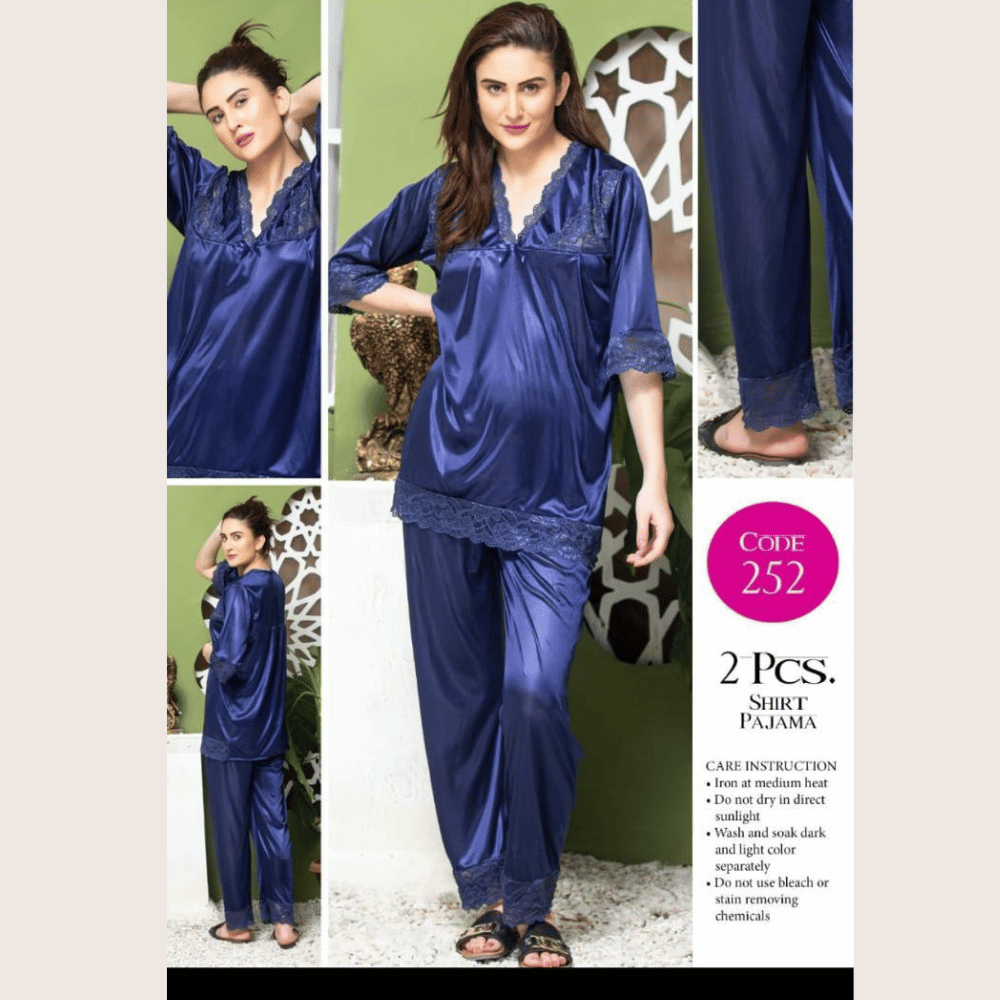 closeup view of 2 piece shirt pajama nightwear set in blue color