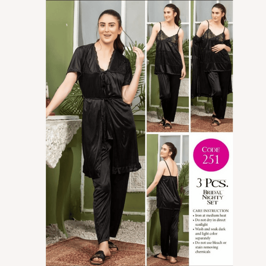 closeup view of 3 piece bridal nighty set in black color