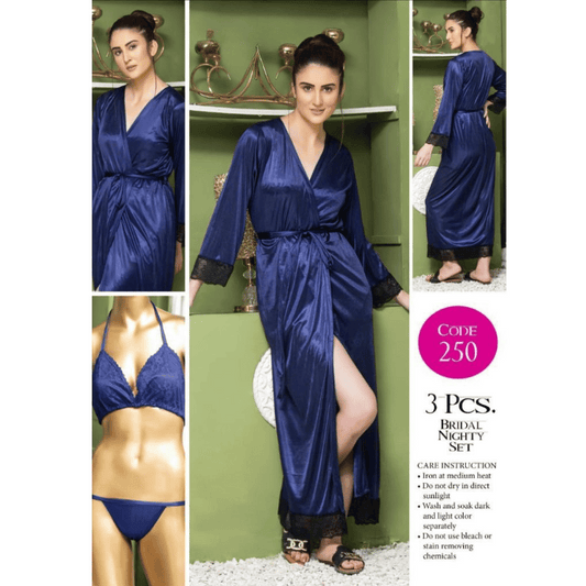 closeup view of 3 piece bridal nighty set in blue color
