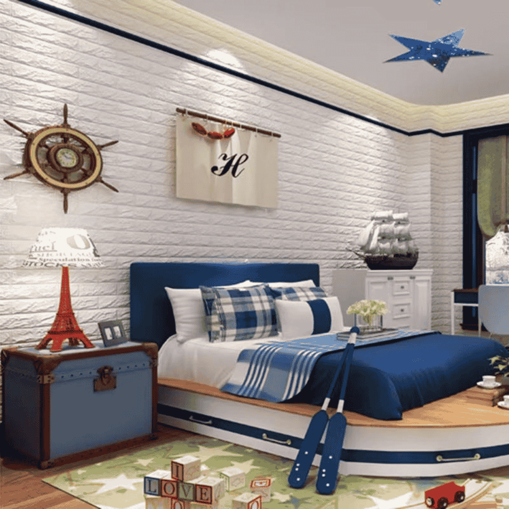 Bedroom setup with 3D brick wall stickers behind the bed