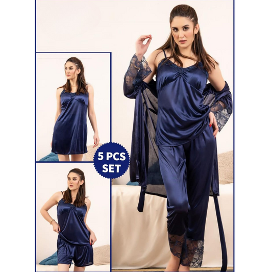 5-Piece Premium Silk Nightwear Set for Women – Free Size