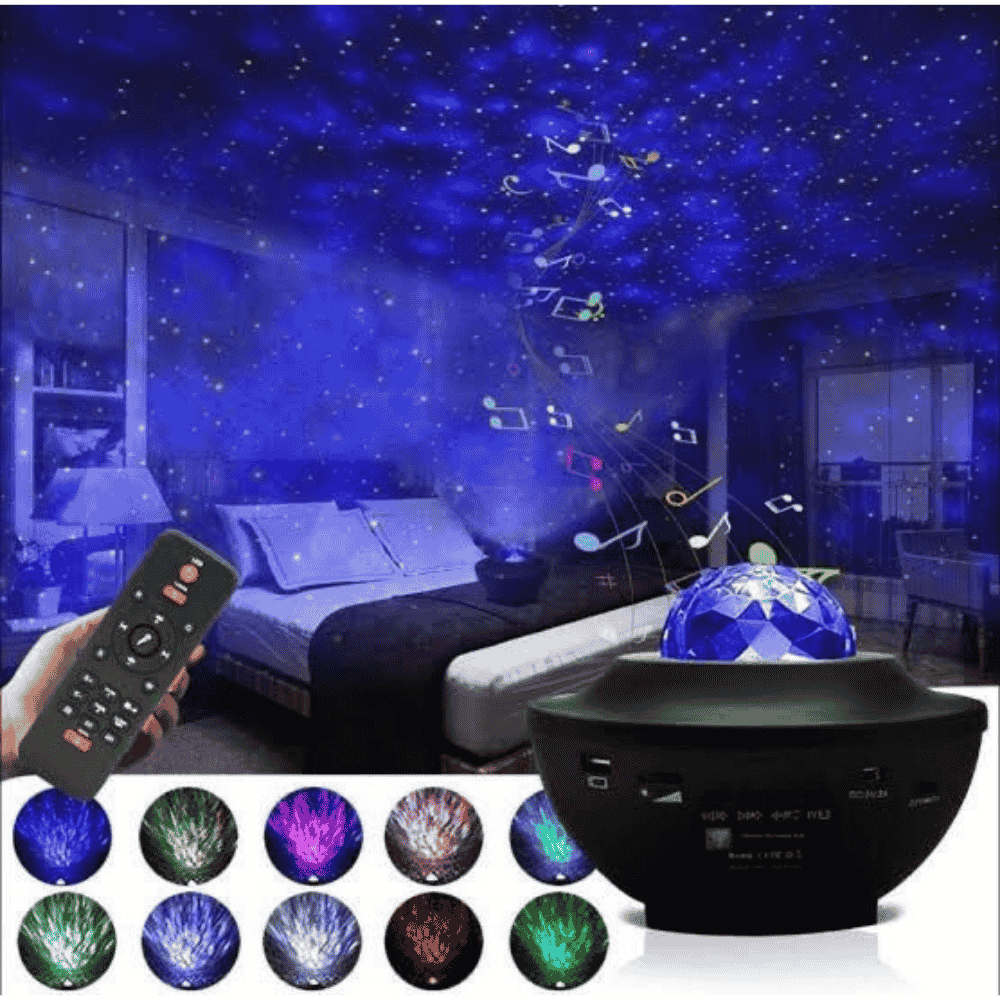 closeup-view-1 of smart night light projector showing LED stars and galaxy design