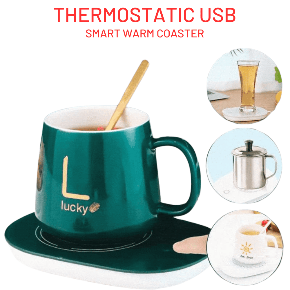Smart warm coaster in use with a ceramic mug on top.