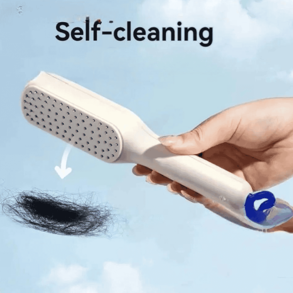 Brush displayed with self-cleaning feature in action, showing easy hair removal.
