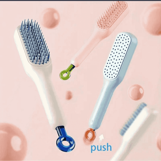Brush displayed with self-cleaning feature in action, showing easy hair removal.
