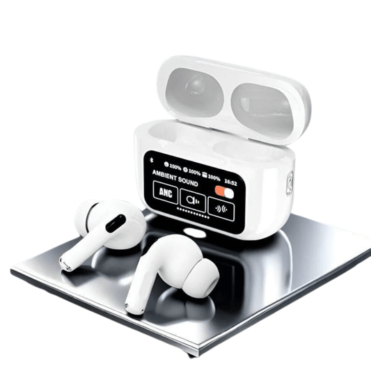 Closeup view of white A9 Pro AirPods