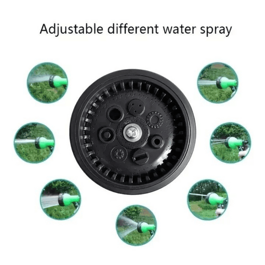 Black adjustable water spray nozzle with multiple spray patterns shown around it on a white background.