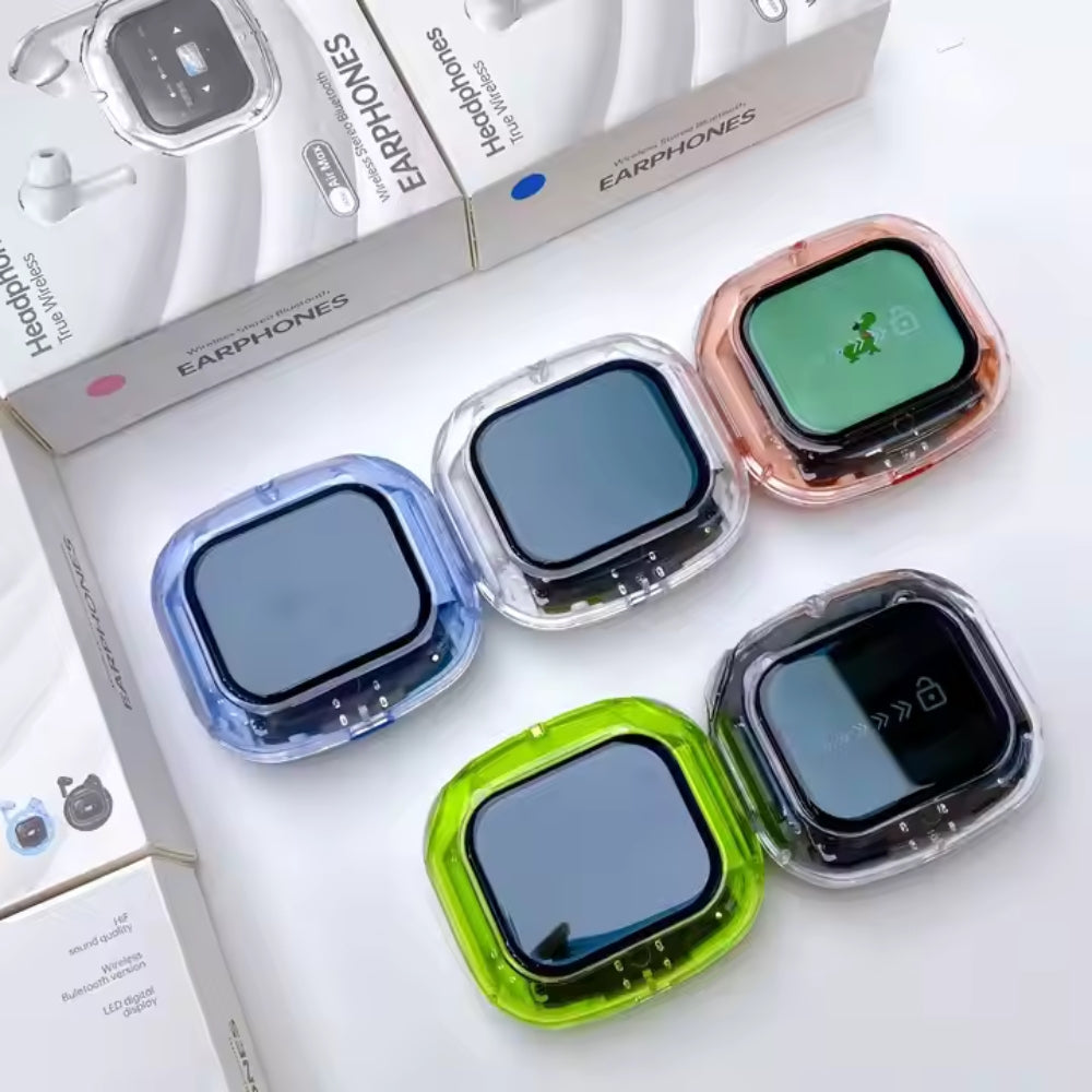 Colorful earphone cases with 'Earphones' packaging in the background