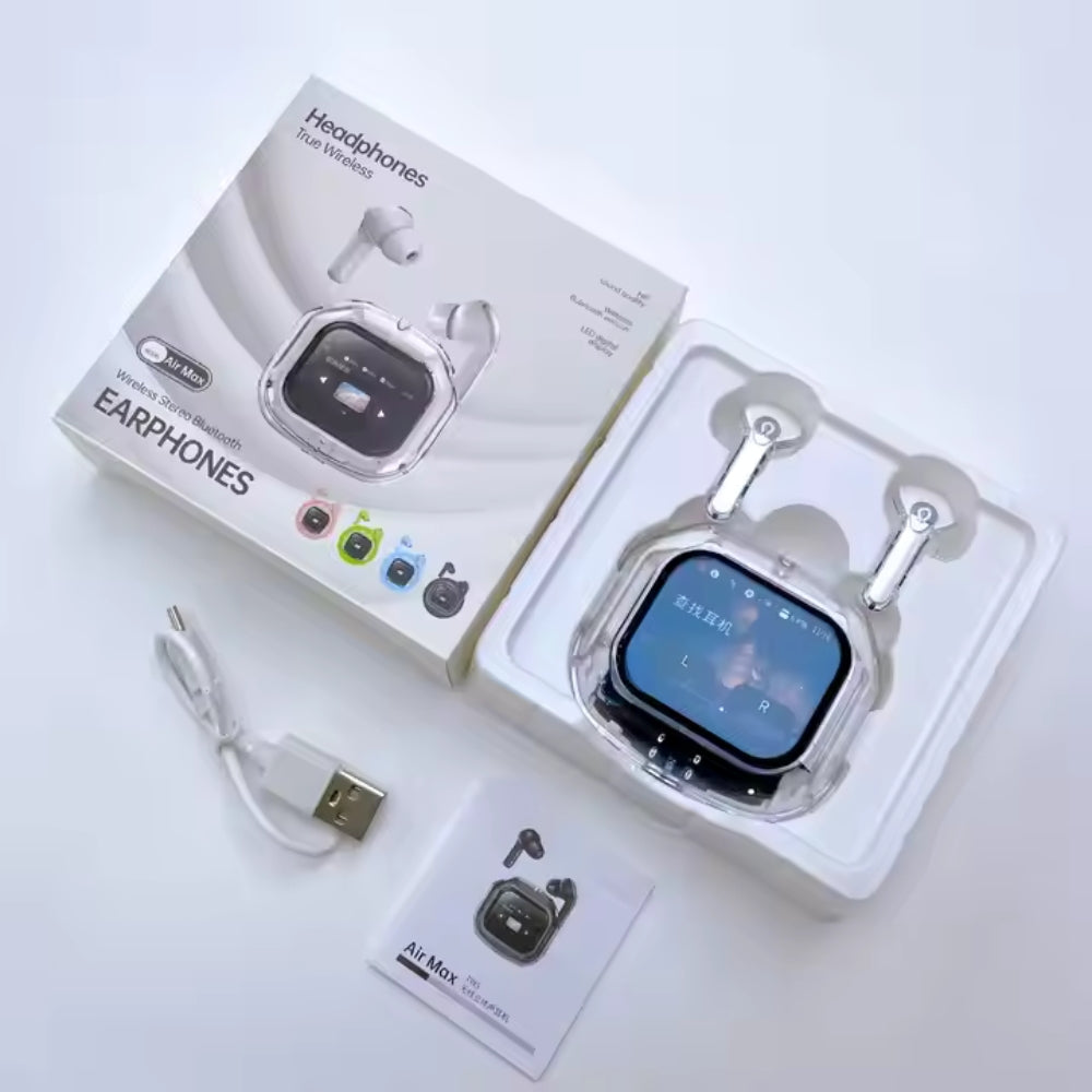 Wireless earphones with packaging, USB cable, and user manual on a white background