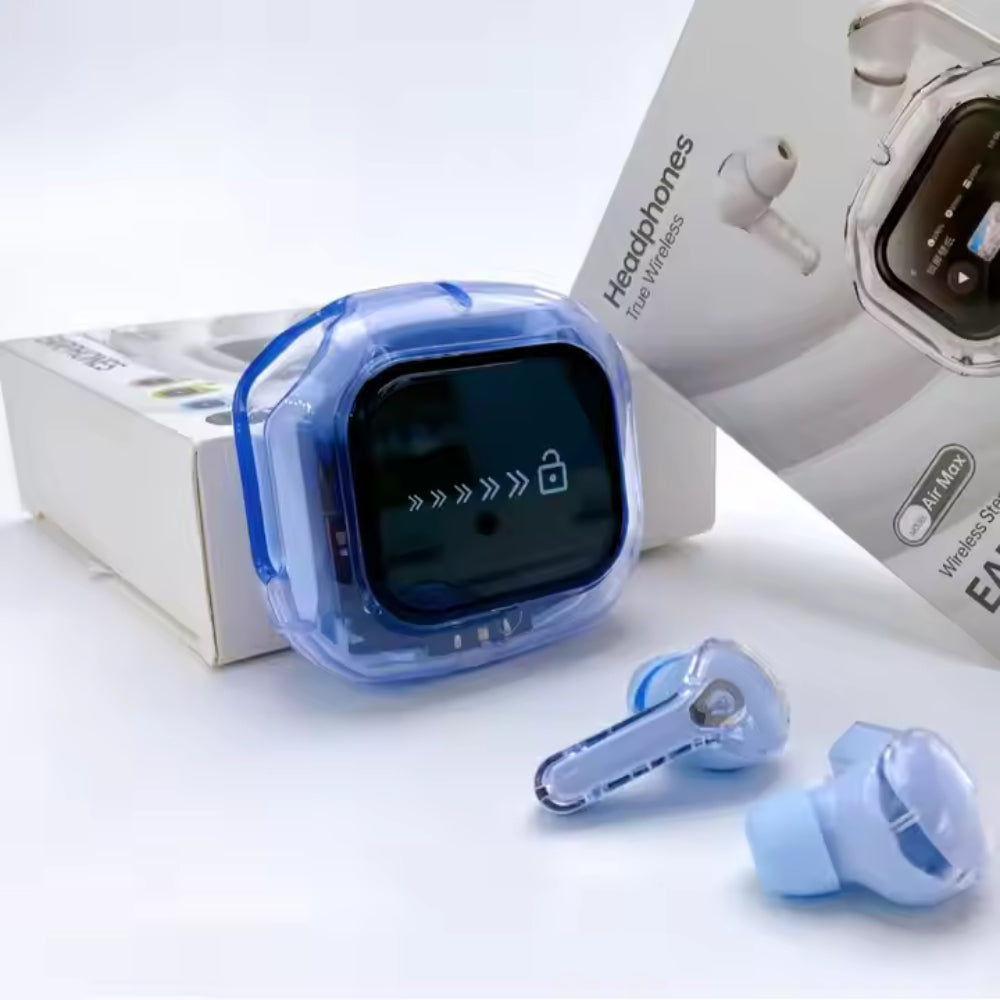 Blue wireless earbuds with charging case on a white background