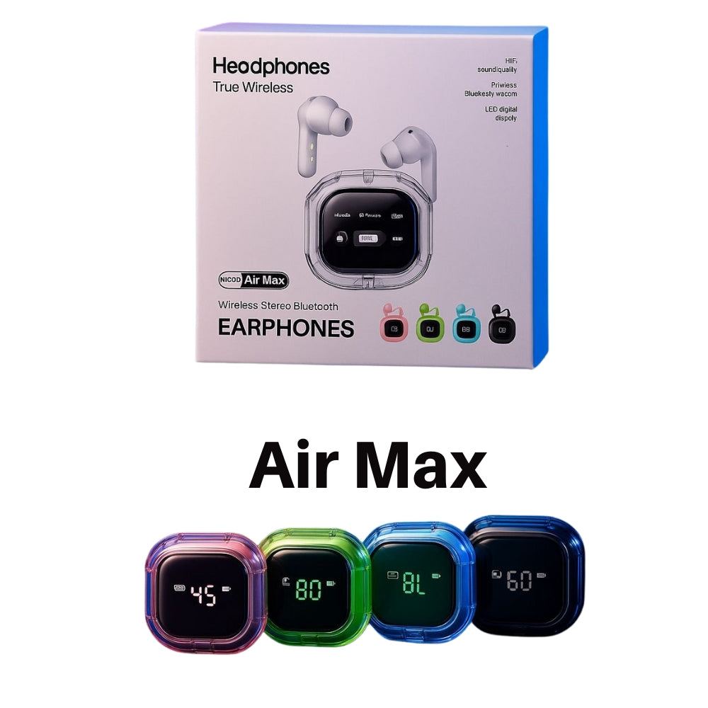 Box of Air Max wireless earphones with colorful display cases below