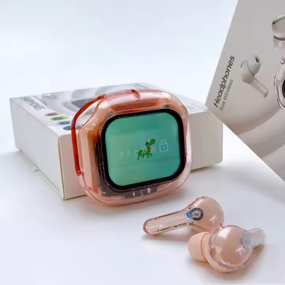 Smartwatch with a screen displaying a dinosaur game, next to wireless earbuds on a white background.