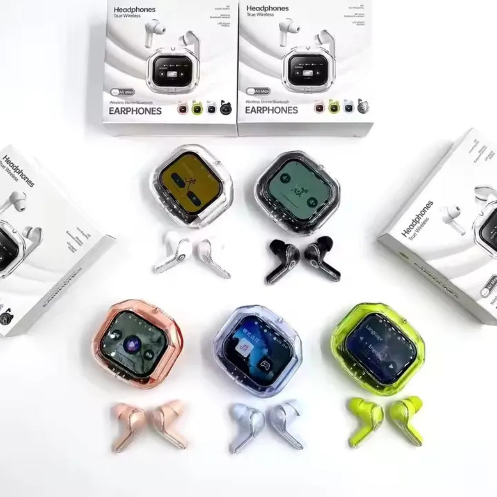 Multiple pairs of wireless earbuds in various colors with their packaging on a white background.