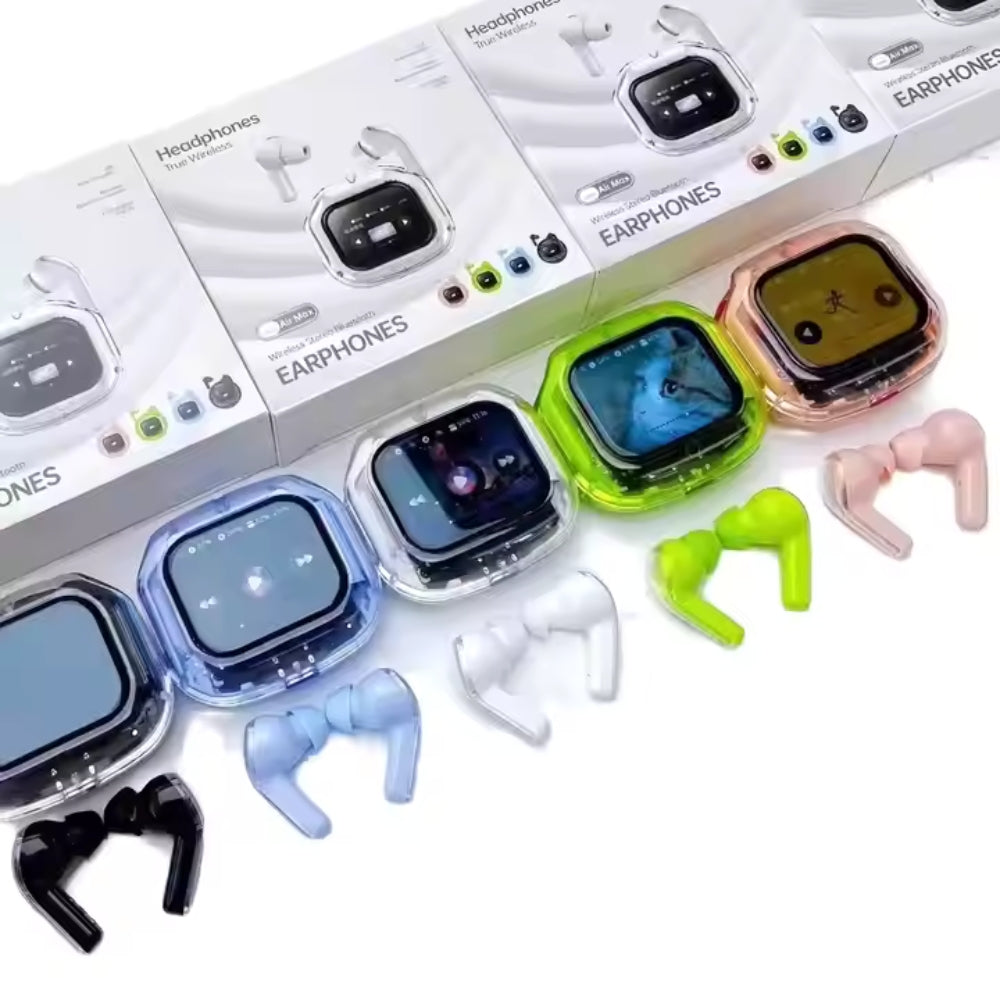 Colorful wireless earbuds with a white box labeled 'Earphones' in the background.