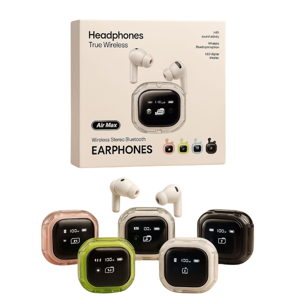 True wireless earphones with packaging displaying 'Air Max' branding on a white background.