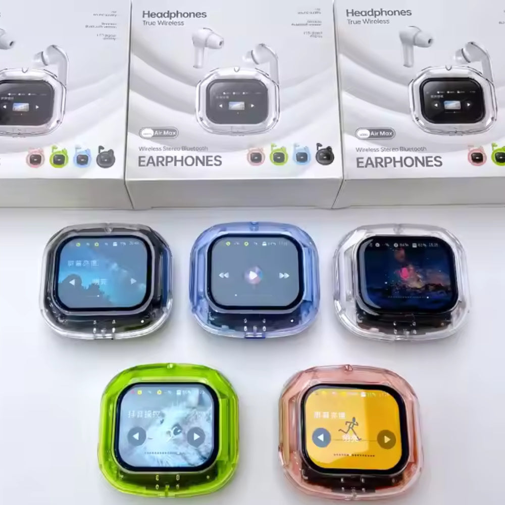 Colorful earphone cases with screen displays on a white background, boxes of earphones above.