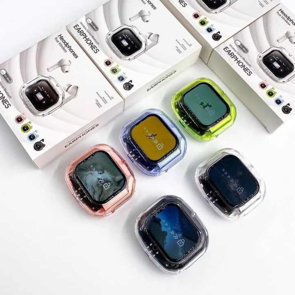 Colorful earphone cases with brand name on a white background