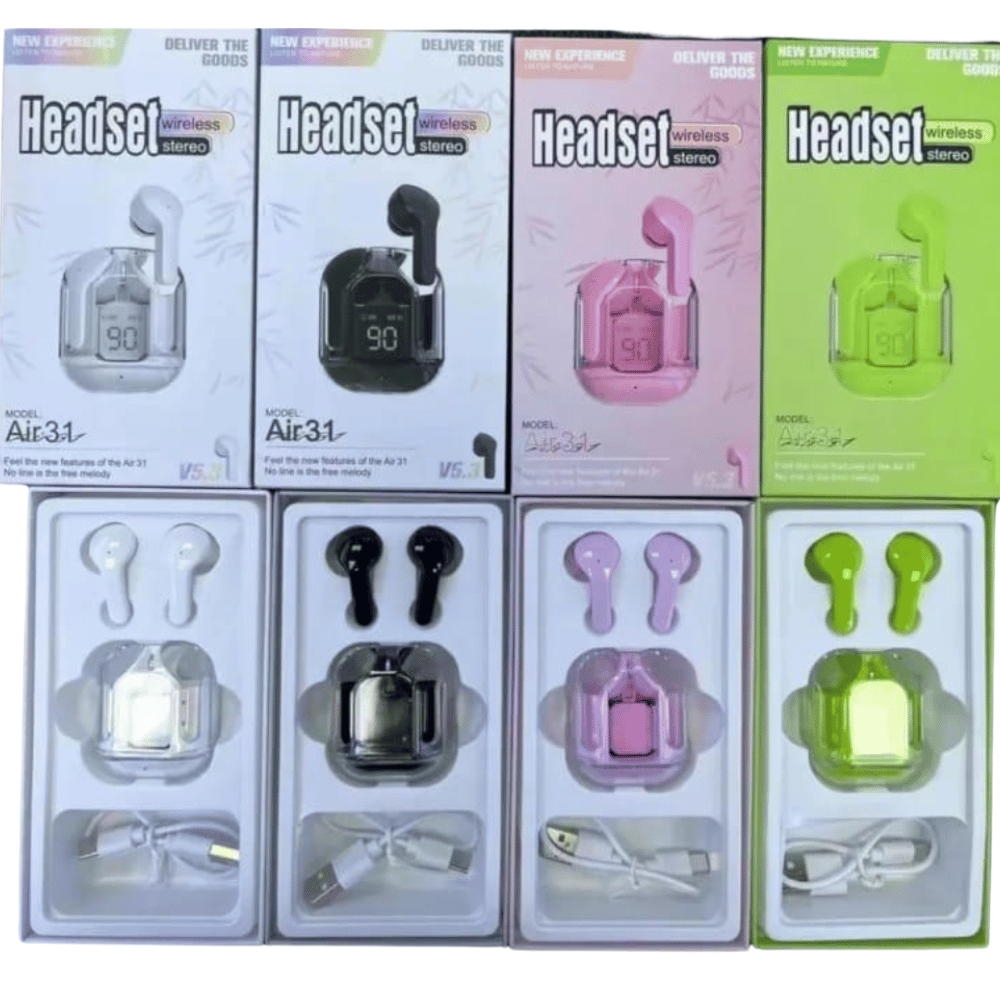 Air 31 earbuds close-up with accessories including charging cable