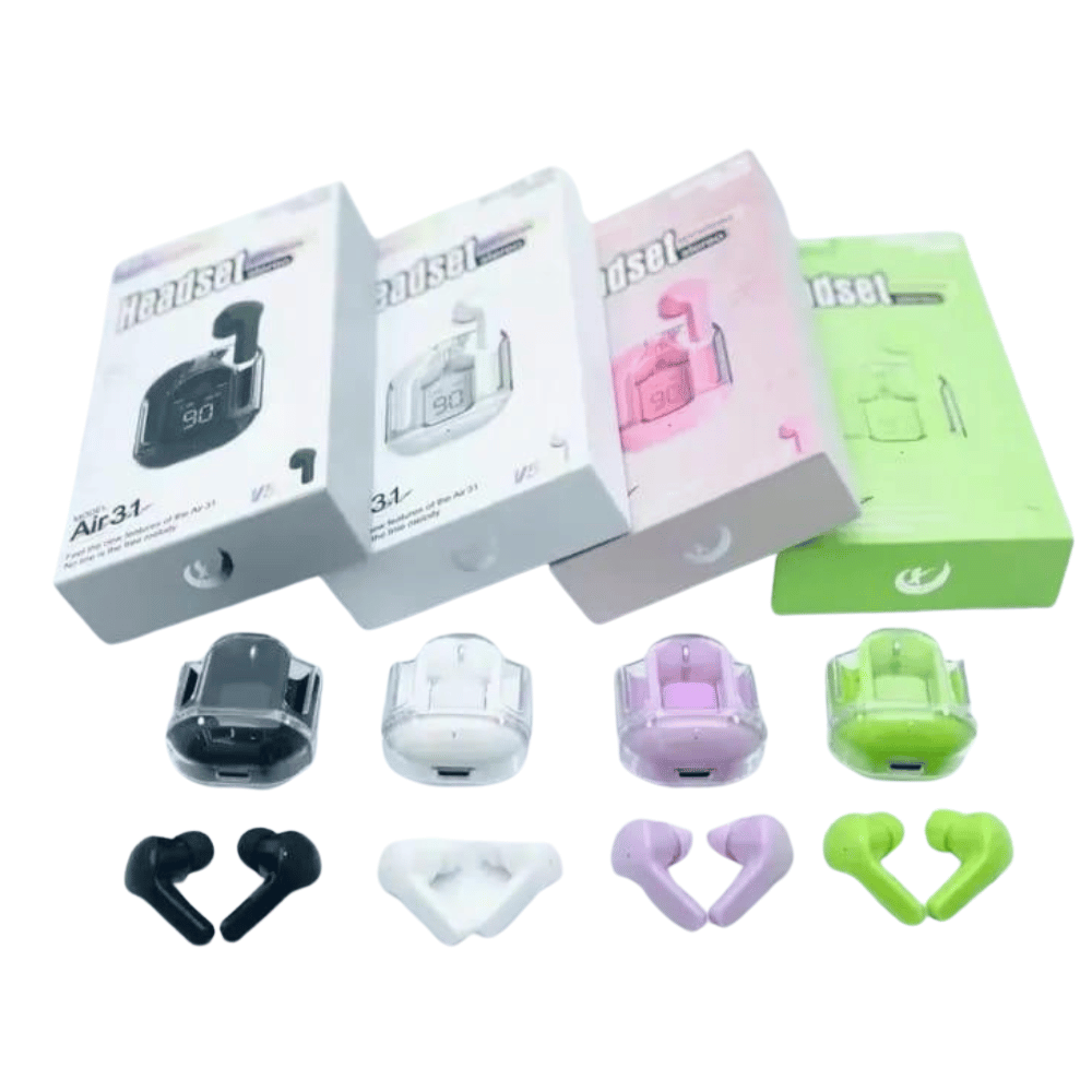 Air 31 TWS Transparent Earbuds in black, white, green, and purple.