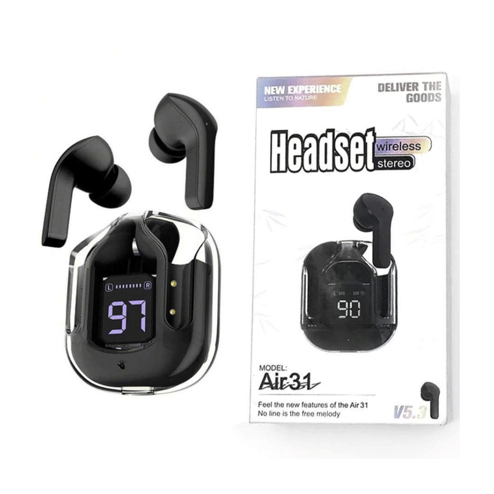 Black Air 31 earbuds with transparent case and packaging.