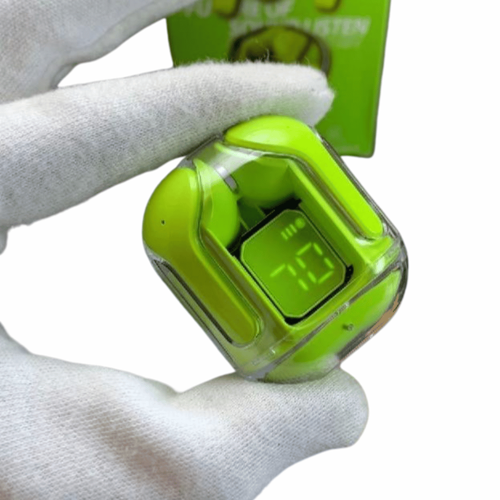 Side view of green Air 31 earbuds with case and box.