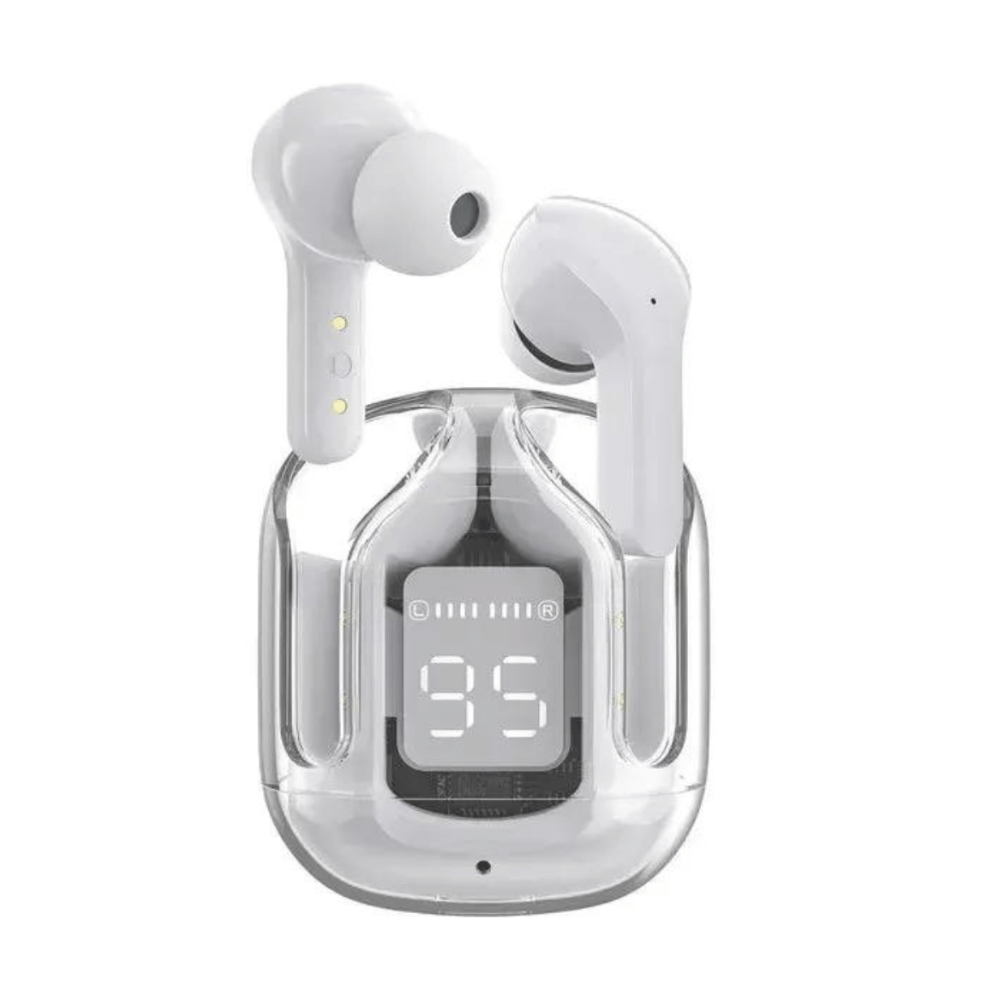 White earbuds with packaging and case displayed.