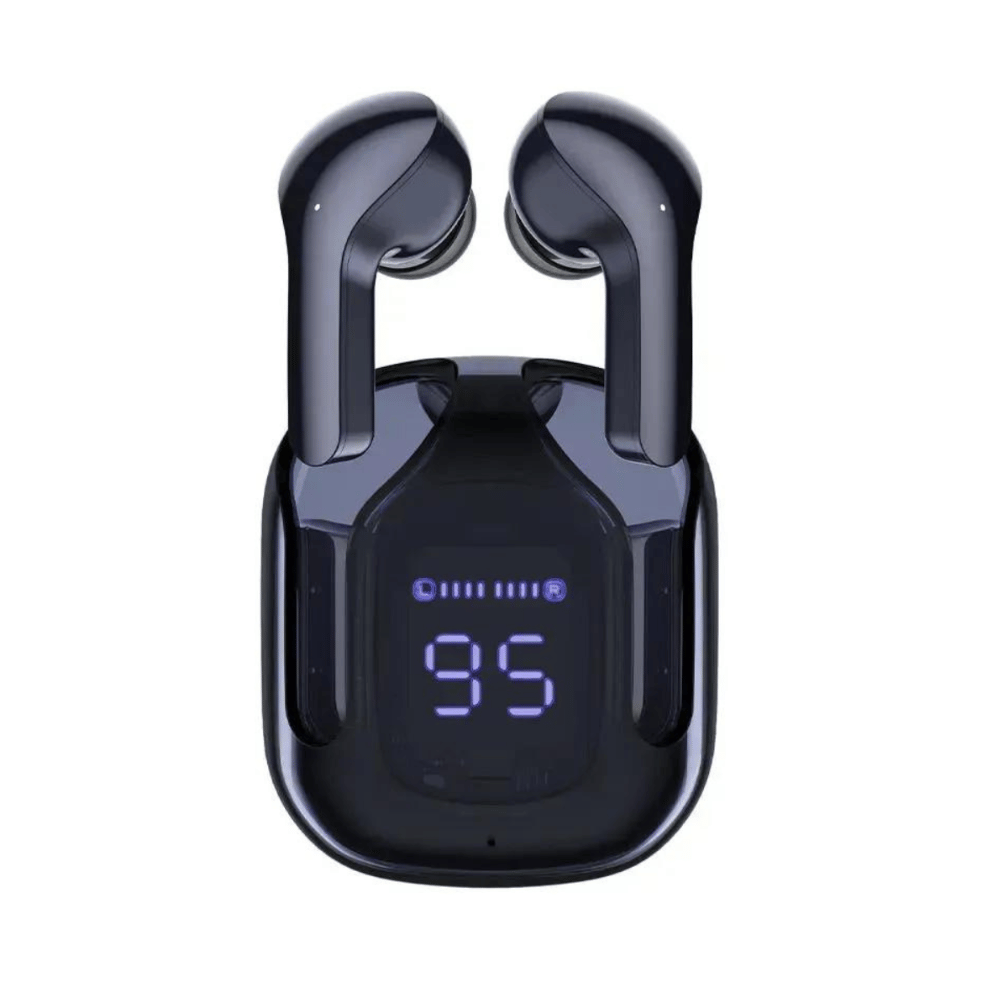 Black earbuds with packaging and case displayed.