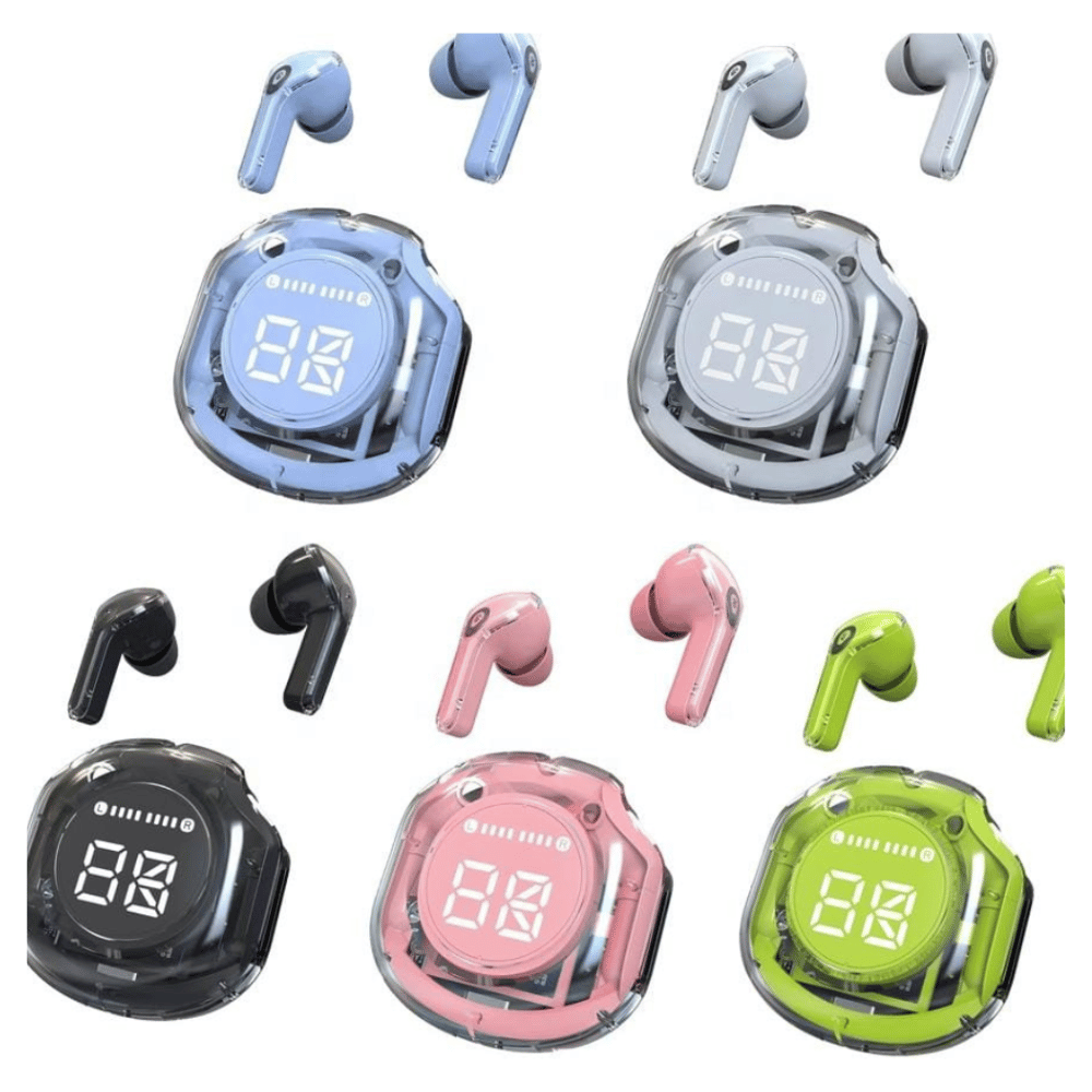 Group display of Air 39 earbuds in white, black, green, blue, and purple