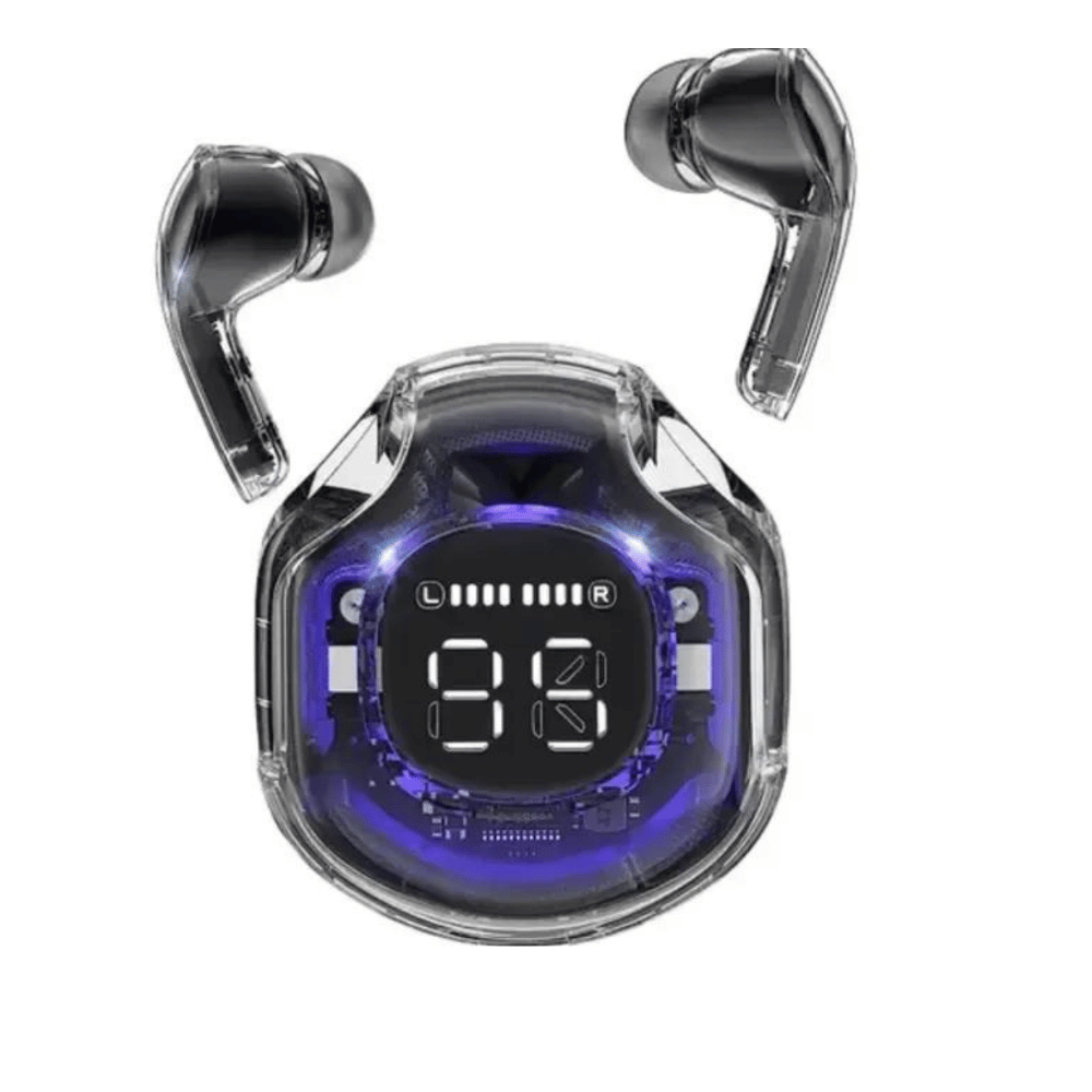 Side angle of black earbuds highlighting sleek design
