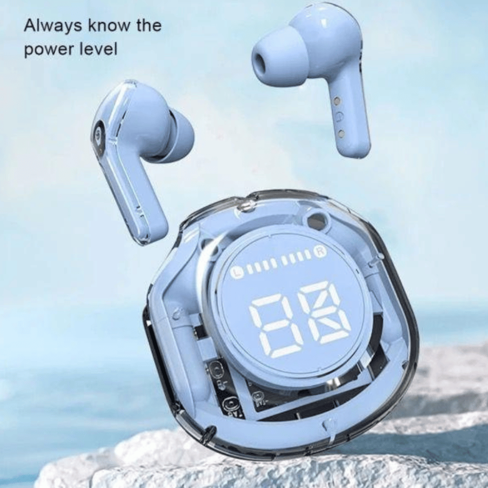 Sleek blue Air 39 earbuds shown in elegant front-facing display.