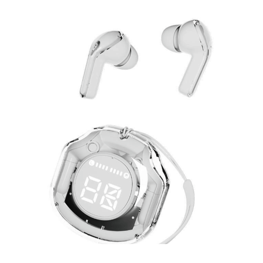 White Air 39 earbuds with transparent charging case in front view.