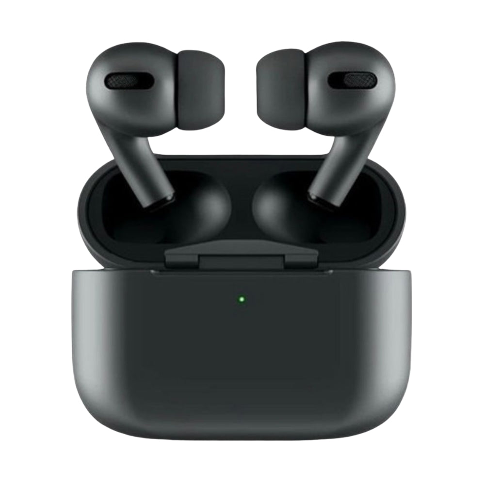 Black wireless earbuds with charging case on a white background
