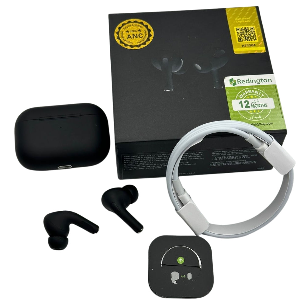 Wireless earbuds with charging case and Redington branded box on a white background
