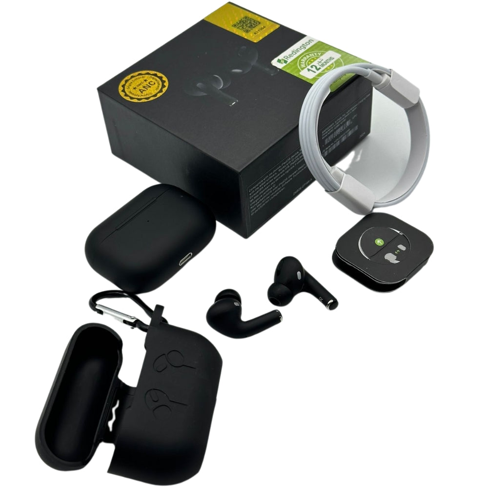 Black wireless earbuds with charging case, watch band, and additional components on a white background.