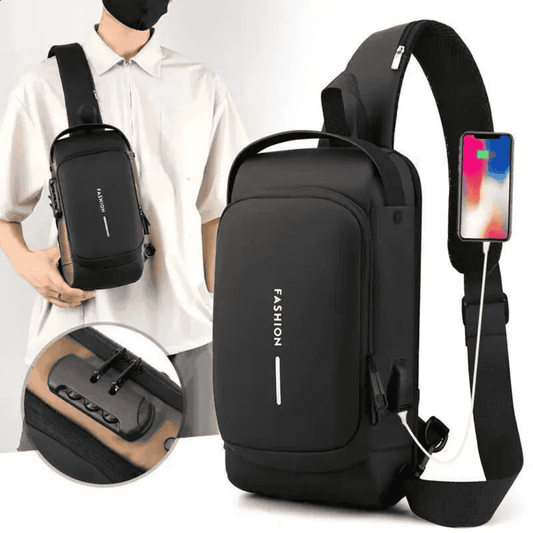 Black fashion sling bag with phone pocket and person wearing it on a white background