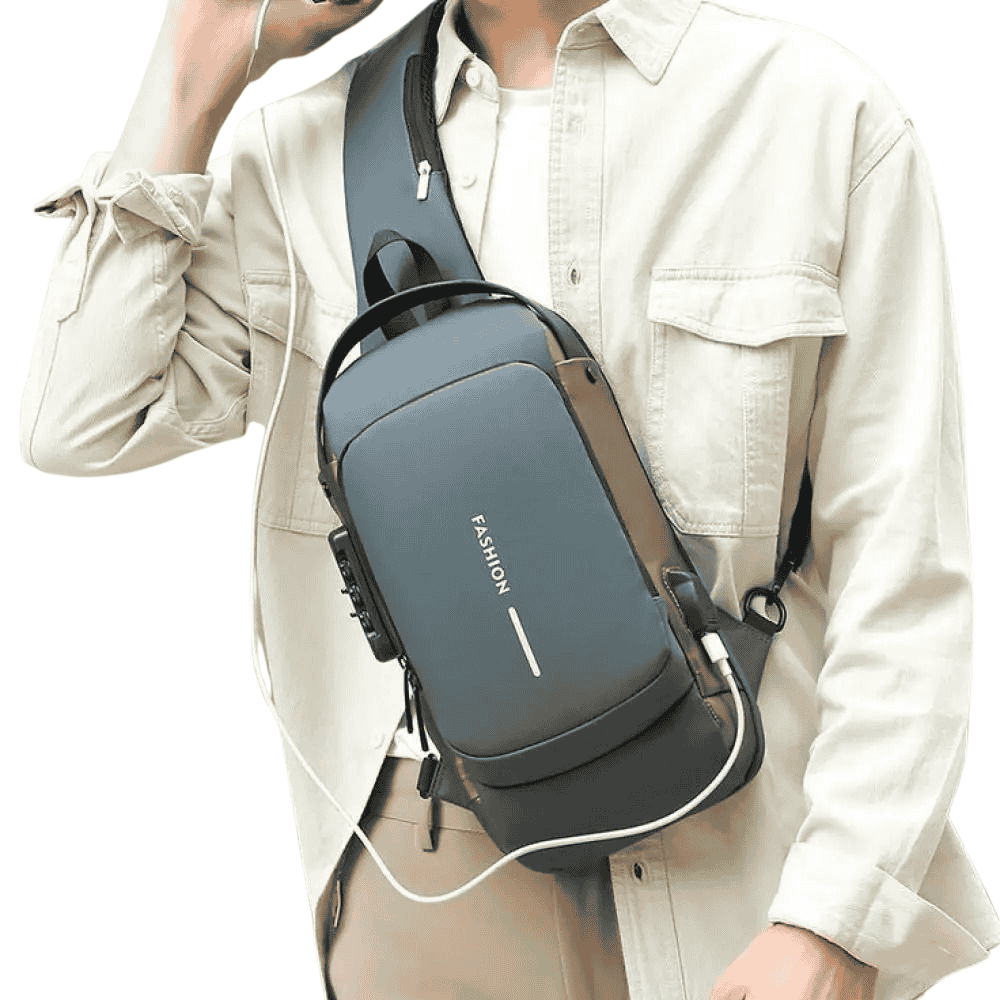 Person wearing a gray crossbody bag with 'FASHION' text on a white background