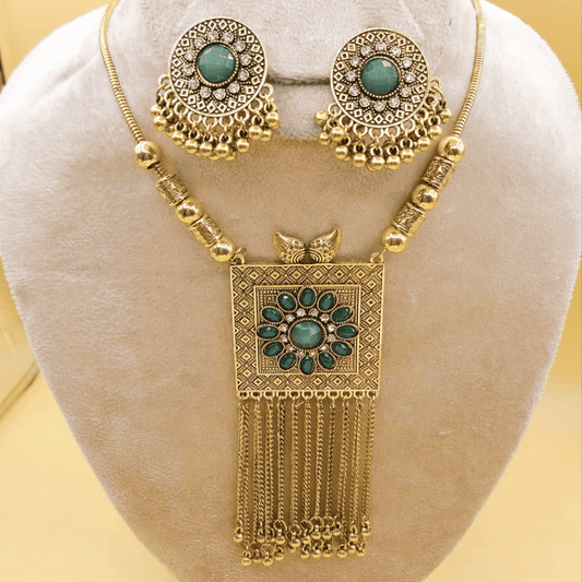 Green colour artificial antique jewellery neck set – front dummy view