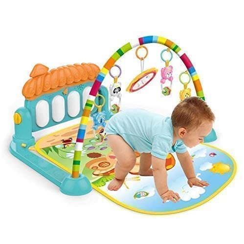 Front view of baby piano play gym with hanging rattles