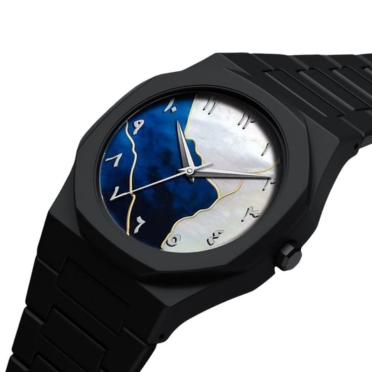 Black Arabic Aura Marble Dial Watch with Butterfly Lock Strap