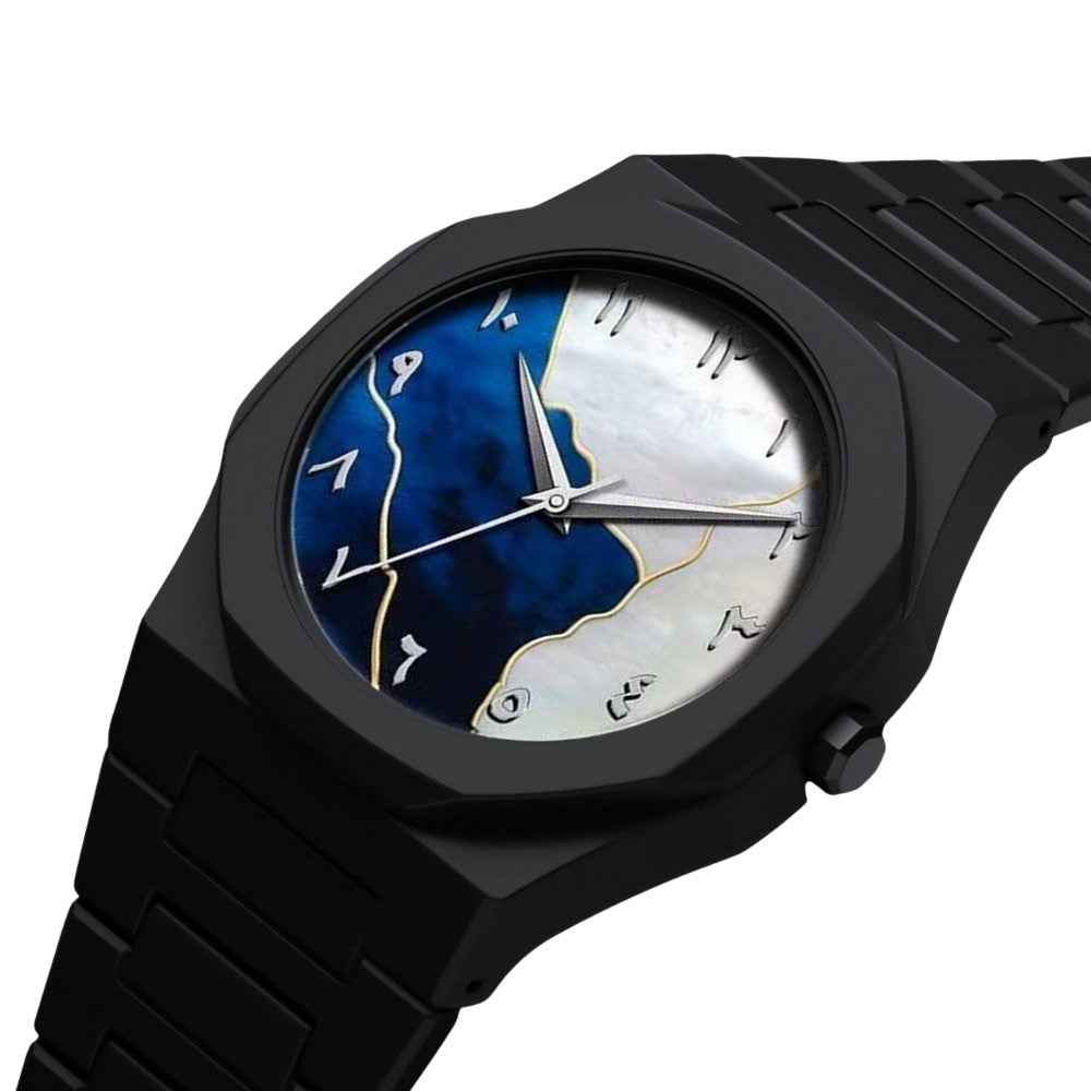 Black Arabic Aura Marble Dial Watch | Lightweight Butterfly Lock Wristwatch with Box