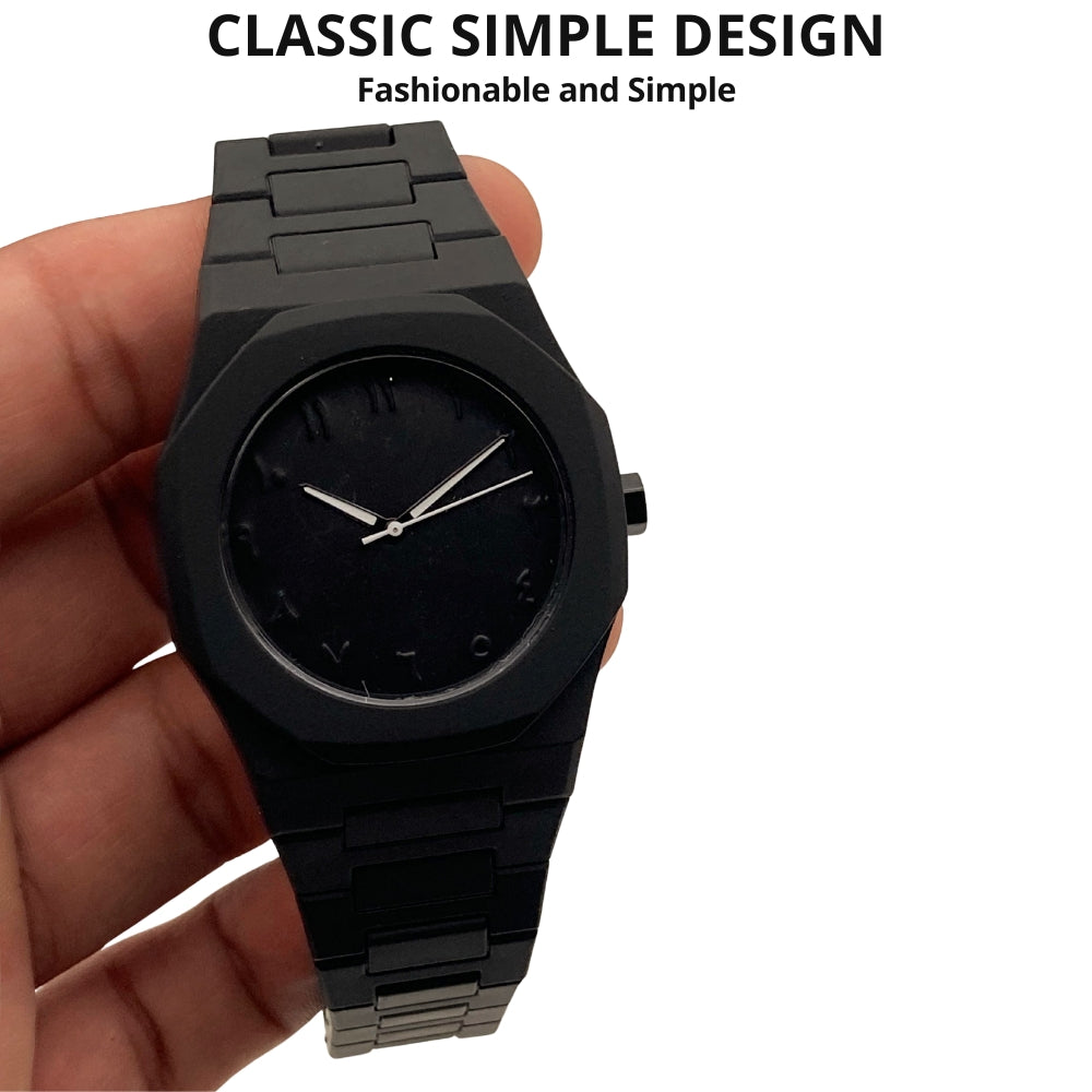 Black watch held in a hand with text 'Classic Simple Design' on a white background