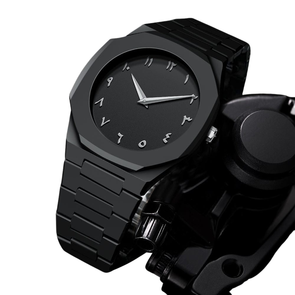 Black wristwatch with a unique design on a white background