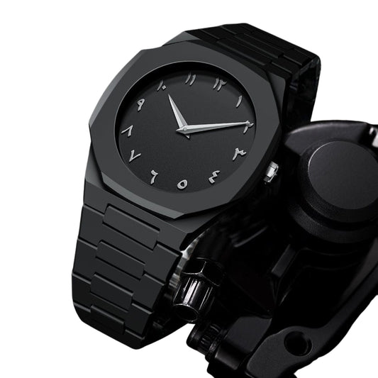 Black wristwatch with a unique design on a white background