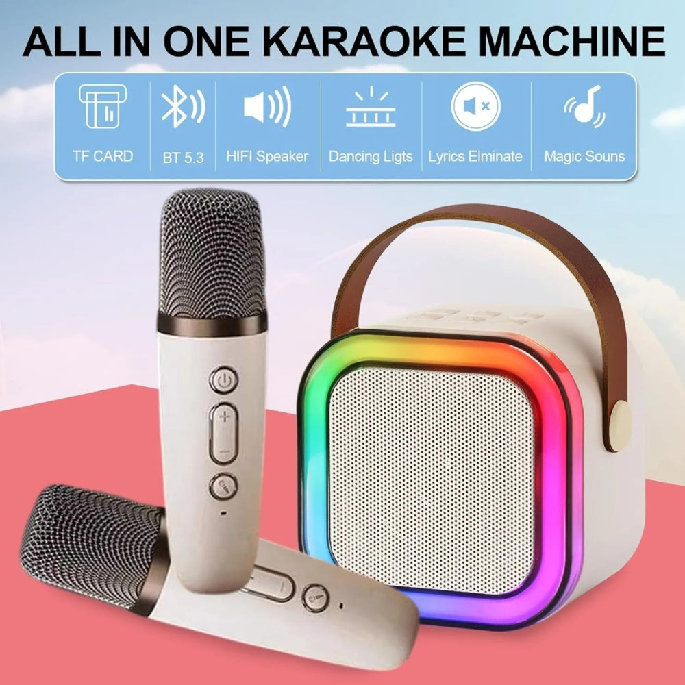 All-in-one karaoke machine with microphone and colorful speaker on a pink background