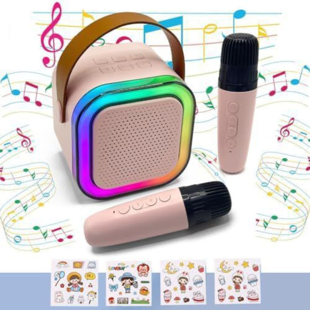 Pink portable speaker with rainbow lighting and two microphones on a musical notes background