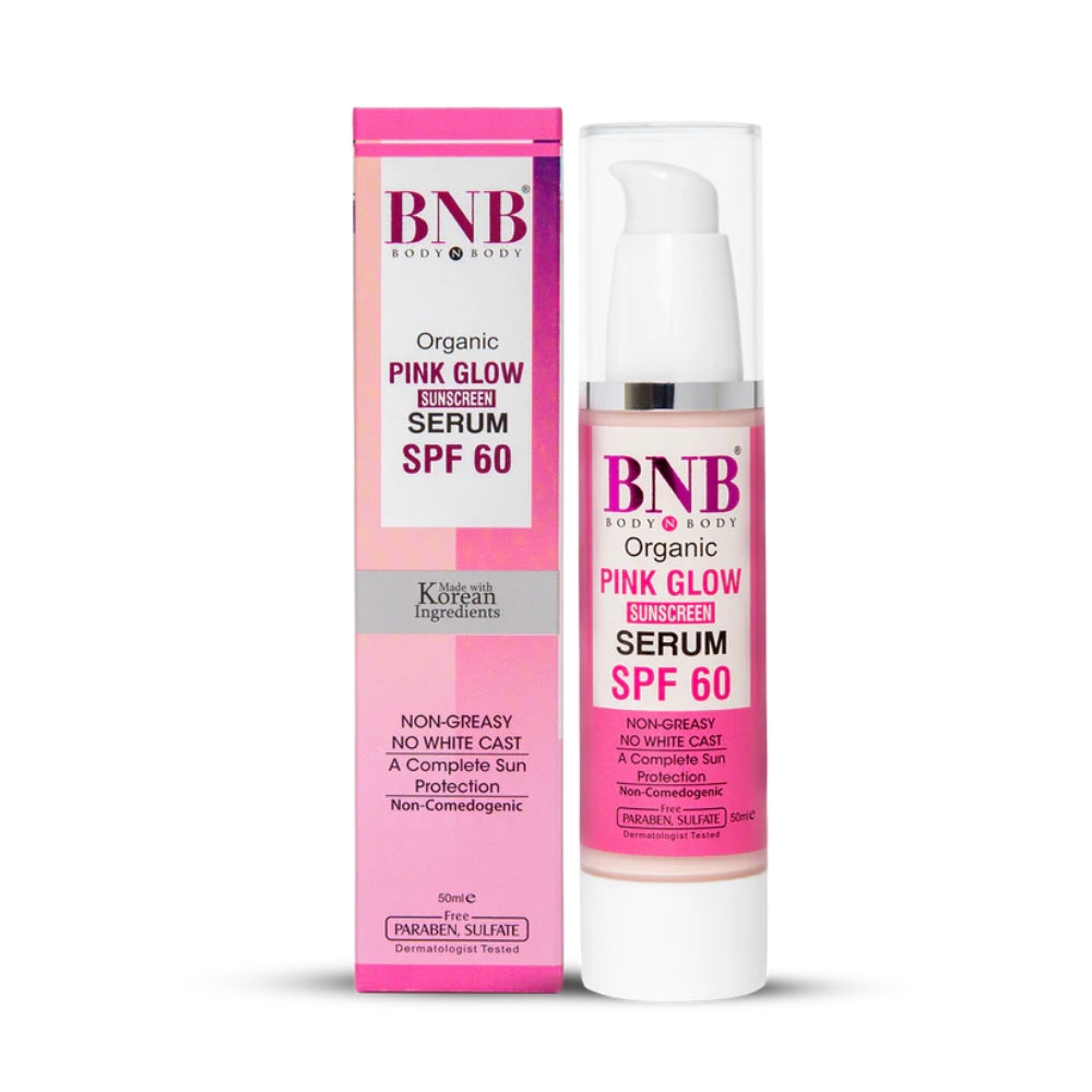 BNB Organic Pink Glow Serum SPF 60 with packaging on a white background