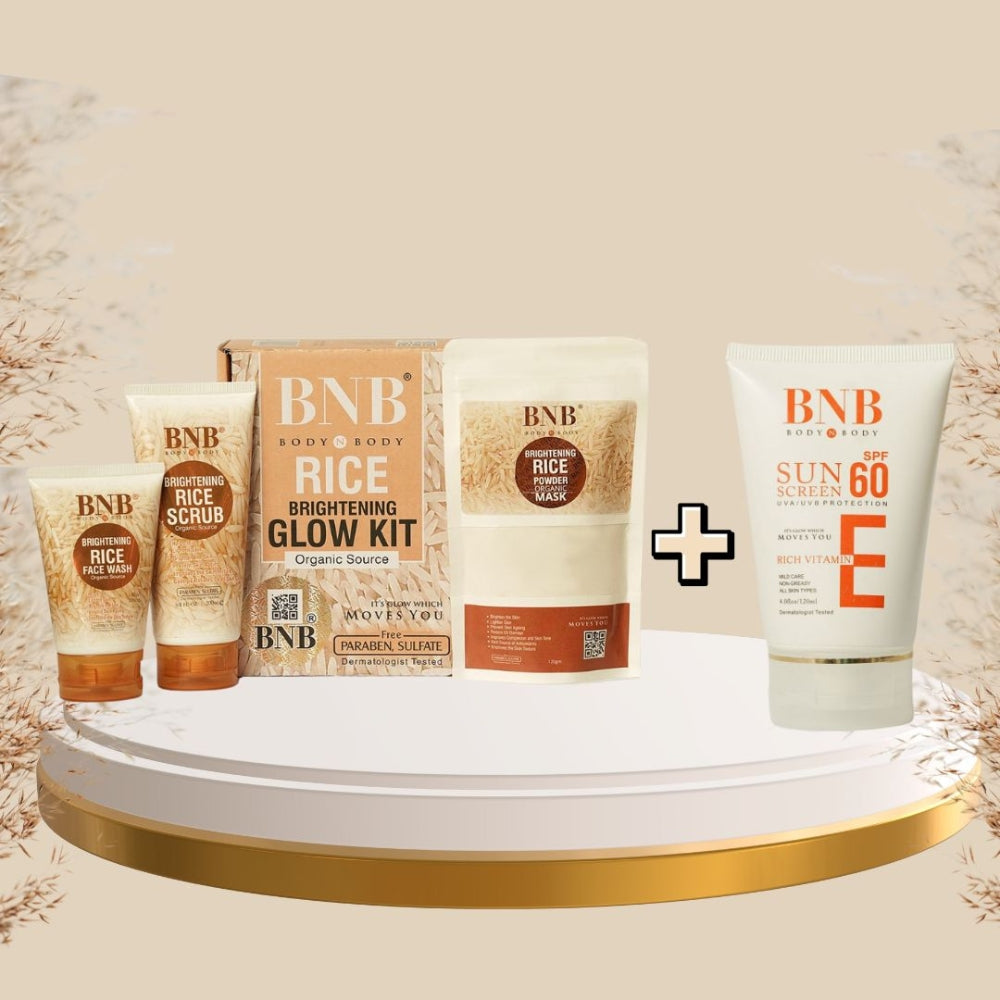 BNB skincare products including rice scrub, glow kit, and sunscreen on a decorative shelf.